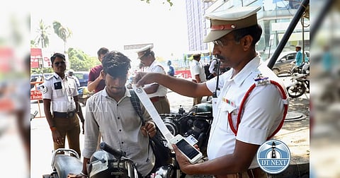Two-wheeler riders without wearing helmets were fined Rs 1,000 at several places in the city