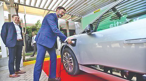 Vijay Rangarajan, Director General, Foreign, Commonwealth and Development Office, inaugurating the solar powered charger facility at the British Deputy High Commission on Thursday