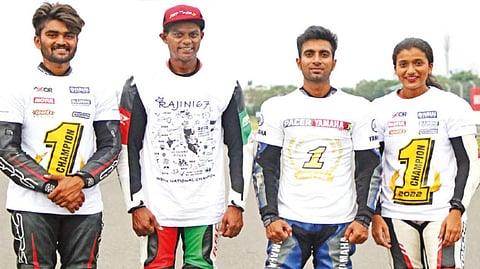 (from left) National Motorcycle champions Sarvesh Balappa, Rajini Krishnan, Mathana Kumar and Jagruti Penkar