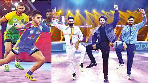 (L) Narender, with 16 points, finished as the top scorer for Tamil Thalaivas yet again, (R) Bollywood star Ayushmann Khurrana with UP Yoddhas captain Pardeep Narwal and Dabang Delhi skipper Naveen Kumar in Pune