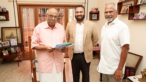 (L) Kalki Rajendran (son of Writer Kalki), Lyca Group Chairman A. Subaskaran and Director Mani Ratnam