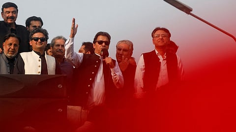 Pakistan's former prime minister Imran Khan addresses his supporters, during what they call 'a true freedom march'
