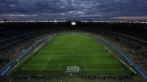 Pitch during the World Cup semifinal soccer match between Brazil and Germany