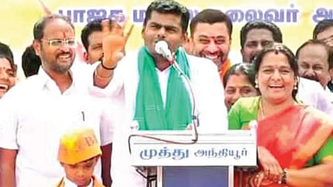 BJP state president K Annamalai addressing a protest gathering in Erode on Tuesday