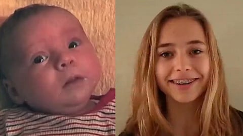 Screengrab from the video that shows Lotte as a baby to a young woman.