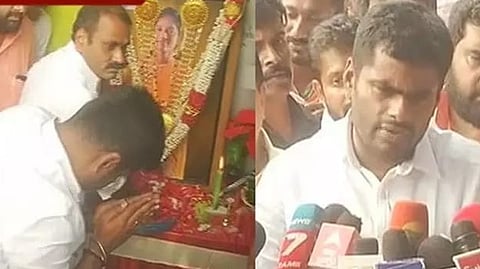 K Annamalai and L Murugan paying floral tributes to a portrait of Chennai footballer R Priya