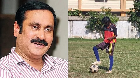 PMK President Anbumani Ramadoss (L), Chennai footballer Priya R (R)