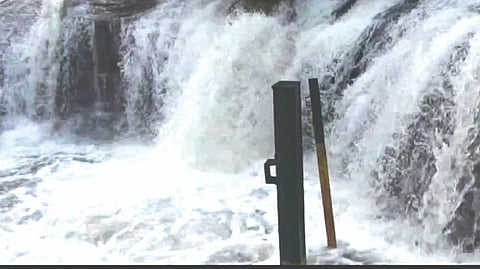 A view of the flooded Kurumbakkarai falls in Theni on Thursday