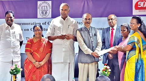 The dignitaries, including Assembly Speaker M Appavu, at a function to celebrate Constitution Day