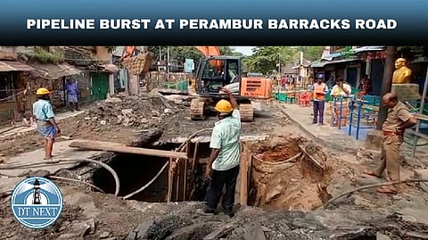 Repair works of a road that caved-in at Astabujam road intersection on Perambur Barracks Road
