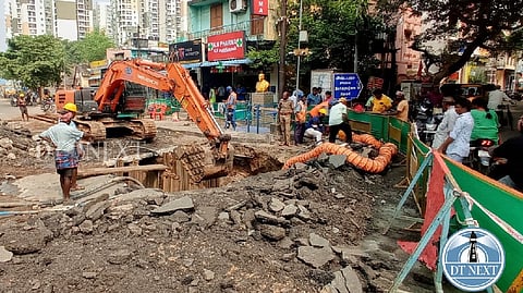 Works to repair the caved-in road