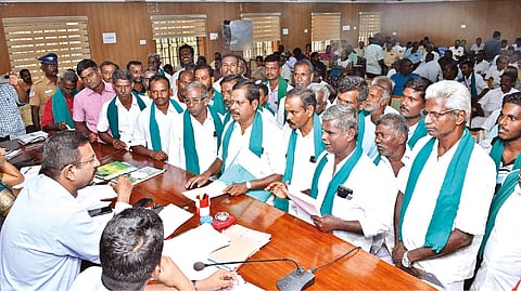 Groundnut farmers submitting a petition to Collector Dinesh Ponraj Oliver seeking quality seeds in Thanjavur