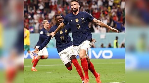 Olivier Giroud celebrating after the defending champions scored a goal
