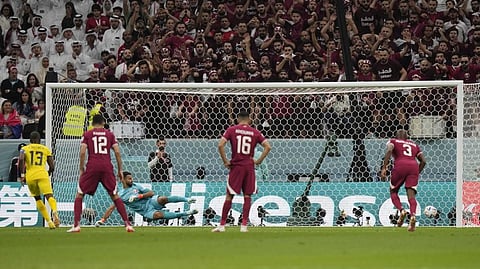 Ecuador's Enner Valencia scores his side's first goal on a penalty kick during the the World Cup group A soccer match between Qatar and Ecuador at the Al Bayt Stadium in Al Khor ,Qatar.