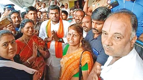 BJP state president K Annamalai welcoming the delegates at Kumbakonam station on Thursday