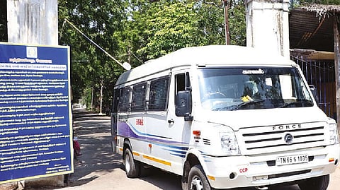 The police van carrying the six suspects leaving to Puzhal from Coimbatore Central Prison on Monday.