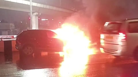 The engine part of the car caught fire near Kathipara flyover