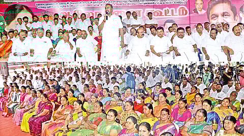 AIADMK ex-minister SP Velumani addressing the party functionaries in Coimbatore
