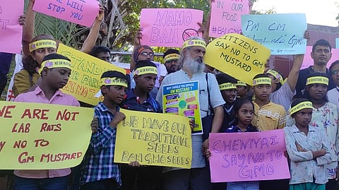 A march conducted against the move to commercially release the genetically modified (GM) mustard for cultivation in Chennai on Saturday.