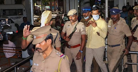 People arrested in connection with the LPG cylinder explosion case, being brought for a medical examination under heavy security, at Coimbatore