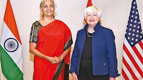 Finance Minister Nirmala Sitharaman with US Treasury Secretary Janet Yellen in New Delhi on Friday