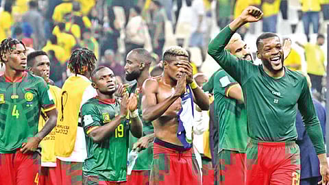Cameroon players celebrate on the pitch after beating Brazil