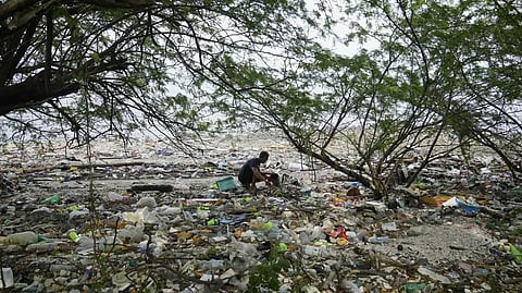 A man collects items along a polluted coastal area
