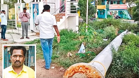 The flagpole that was uprooted; AIADMK supporter Chellapan  (insert)