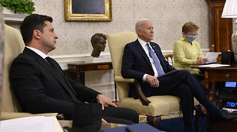 Ukrainian President Volodymyr Zelenskiy and US  President Joe Biden