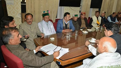 Himachal Pradesh CM Sukhvinder Singh Sukhu and deputy CM Mukesh Agnihotri at the Congress Legislative Party meeting in Shimla.
