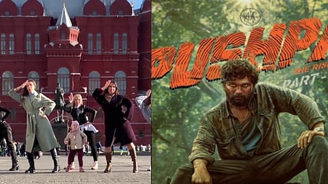 (L to R)Russian Fans dancing on song; Pushpa: The Rise poster
