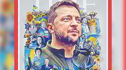 TIME's cover shows Ukrainian President Volodymyr Zelenskyy, surrounded by other individuals and crowds of protesters woven together with bright yellow sunflowers and blue and yellow Ukrainian flags.
