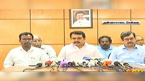 State EB Minister V Senthil Balaji speaking in a press conference.