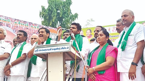 BJP president K Annamalai addressing a protest meet against SIPCOT in Coimbatore on Wednesday