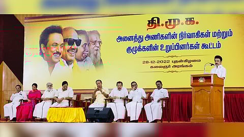 Stalin with DMK office bearers in a meeting in Anna Arivalayam.