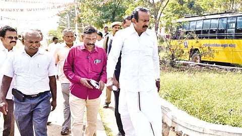 Minister for Housing S Muthusamy inspecting the Government Engineering College in Erode on Friday