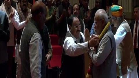 Prime Minister Narendra Modi welcomed at the BJP parliamentary meeting on Wednesday