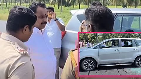 MR Vijayabhaskar informing about the incident to the police; (inset) his damaged car