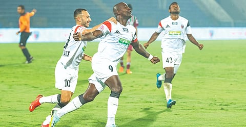 NorthEast United FC?s Wilmar Jordan celebrates scoring the winning goal