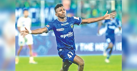 Vincy Barretto of Chennaiyin FC celebrates his goal against Kerala Blasters FC in the ISL match on Monday