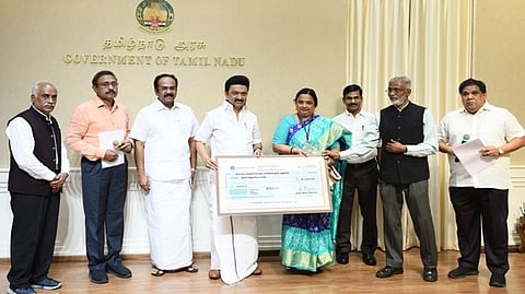 Chief Minister M K Stalin handed over a cheque for Rs 5 crore to JNU vice chancellor professor Santhishree Dhulupudi