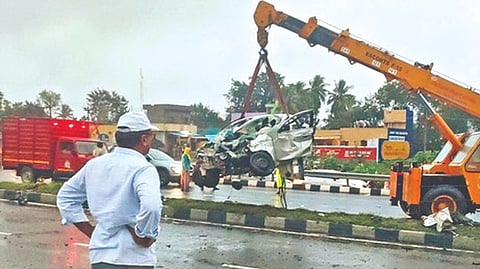 Police said that stagnant water on the road due to rain resulted in the vehicle skidding.