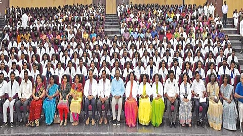 Collector Dr Alby John Varghese posing with the inducted freshers at Tiruvallur Government Medical College