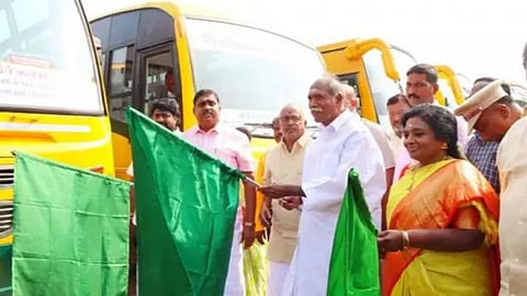 Tamilisai Soundararajan, Chief Minister Rangasamy, and Education Minister Namachivayam waved the flag