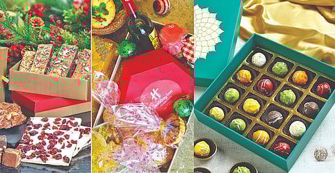(L-R): Hampers ; special panettone, stollen, apple pie and mince pie ; Traditional goodies