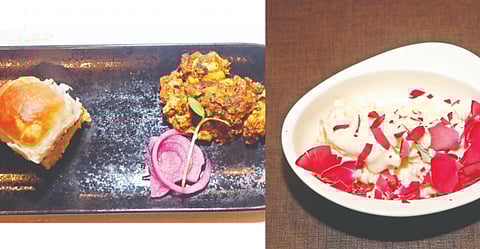 (L -R): Chettinad paneer tikka with malli chutney ; sandalwood ice cream with frozen rose petals