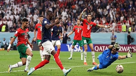 Randal Kolo Muani scoring a goal for France against Morocco in semi-final of FIFA World Cup 2022