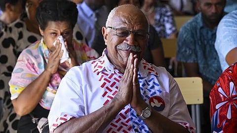 People's Alliance Party leader Sitiveni Rabuka gestures during a church service at the Fijian Teachers Association Hall in Suva, Fiji.