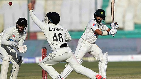 Pakistan?s Saud Shakeel (R) plays a shot during the third day of the second cricket Test match between Pakistan and New Zealand at the National Stadium in Karachi on January 4.