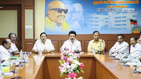 DMK president and Chief Minister M K Stalin holding a meeting with party MPs at oarty office on Sunday to regarding the forthcoming budget session